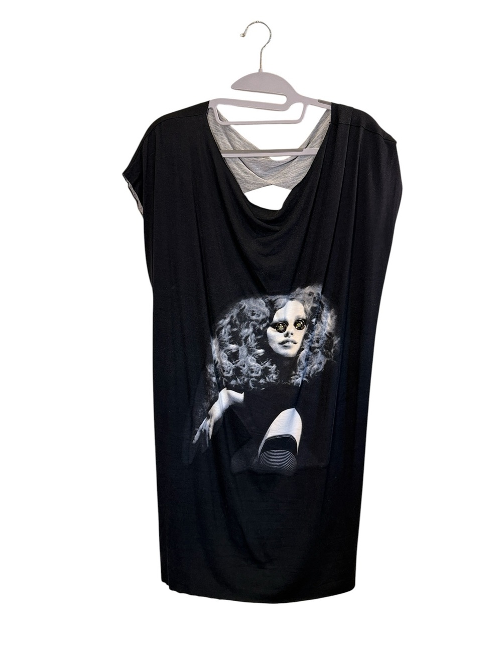 OOAK Black Upcycled Graphic Print Thrashed Tee Mini Dress Embellished Eyes sz L